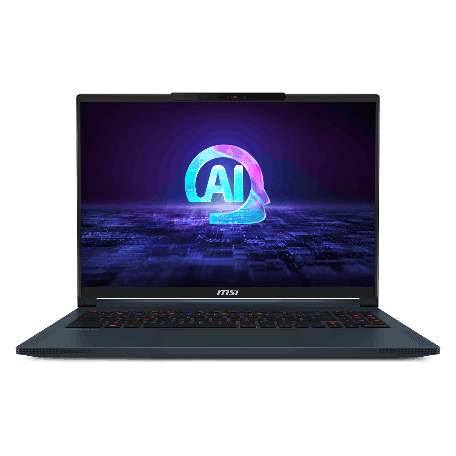 Un portátil azul MSI muestra un logotipo de IA en la pantalla, sobre un fondo oscuro.