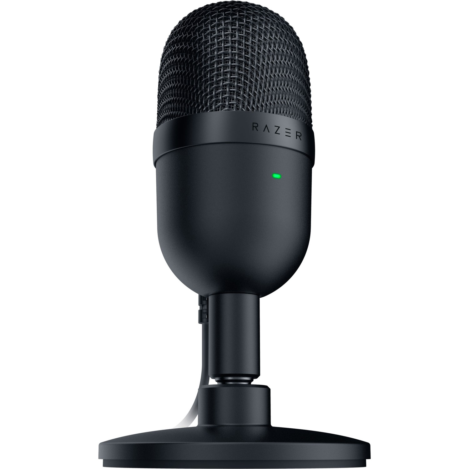 Siyah Razer mikrofon stand üzerinde, yeşil ışık, beyaz arka plan.