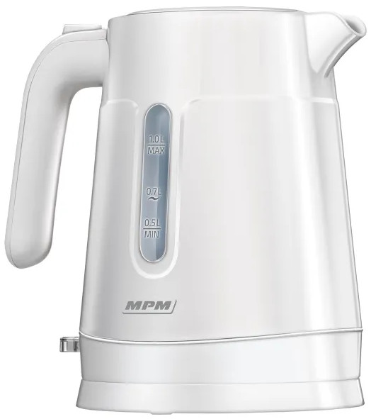 Biały czajnik elektryczny. Widok z boku, ze wskaźnikiem poziomu wody. Prosty, nowoczesny design.