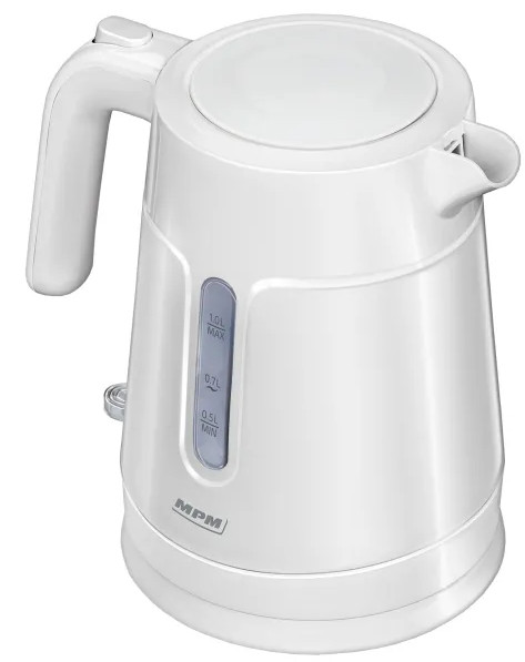 Biały czajnik elektryczny z uchwytem i wskaźnikiem poziomu wody na białej powierzchni.