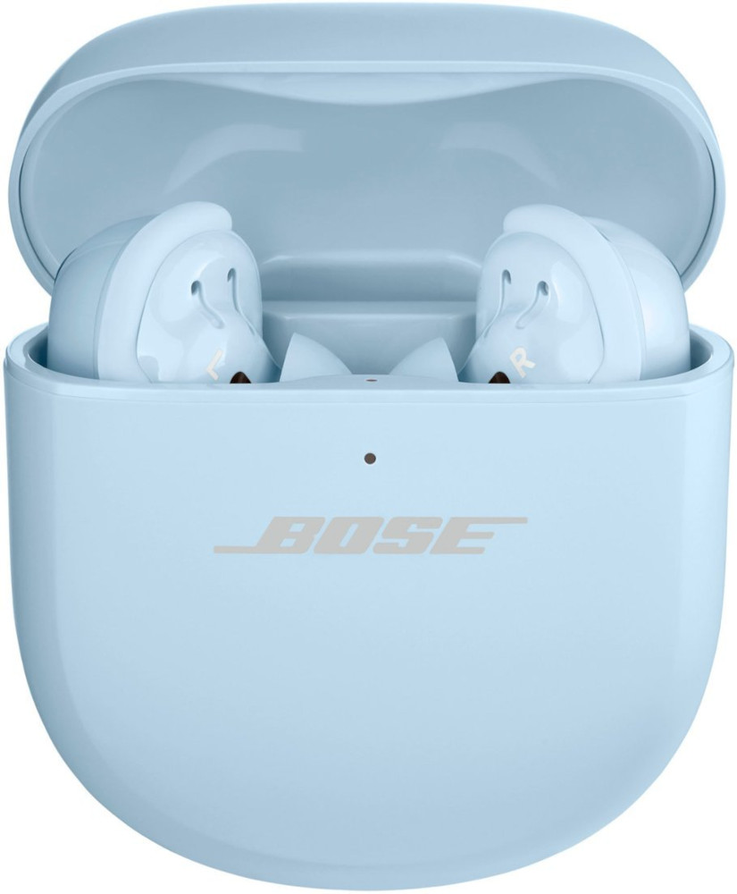 Light blue Bose earbuds in a light blue charging case, open and ready to use.