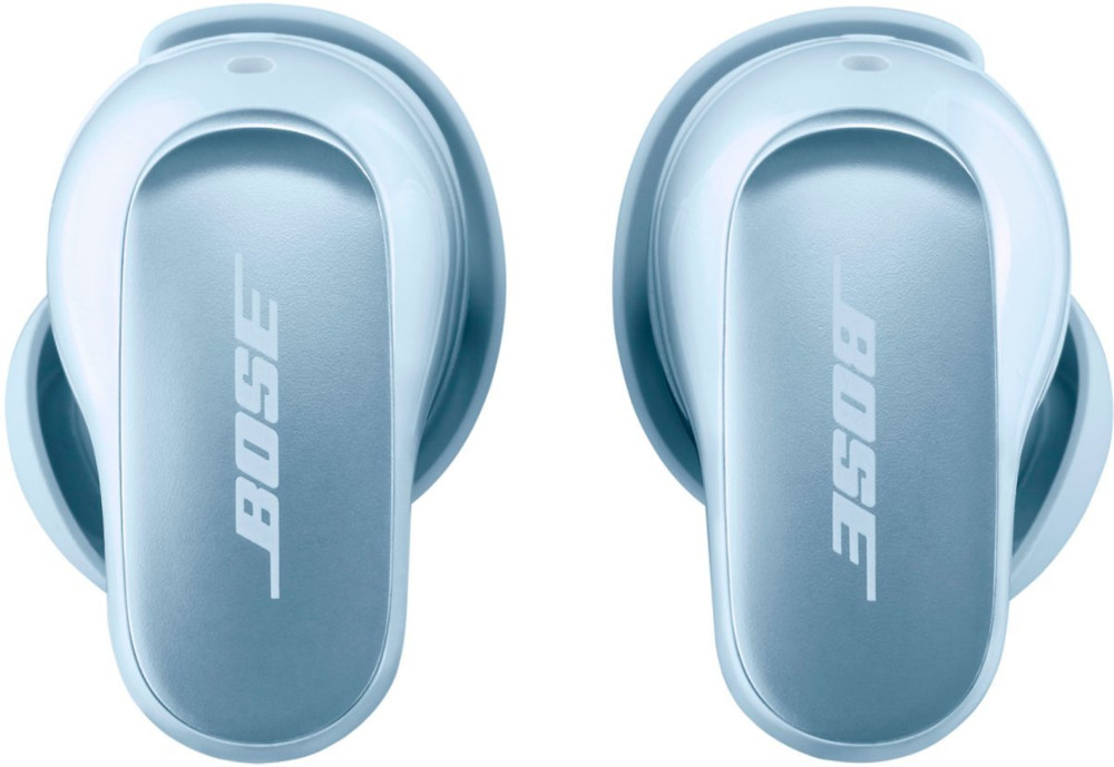 Two light blue Bose earbuds. The logo is white. Both are facing upwards.