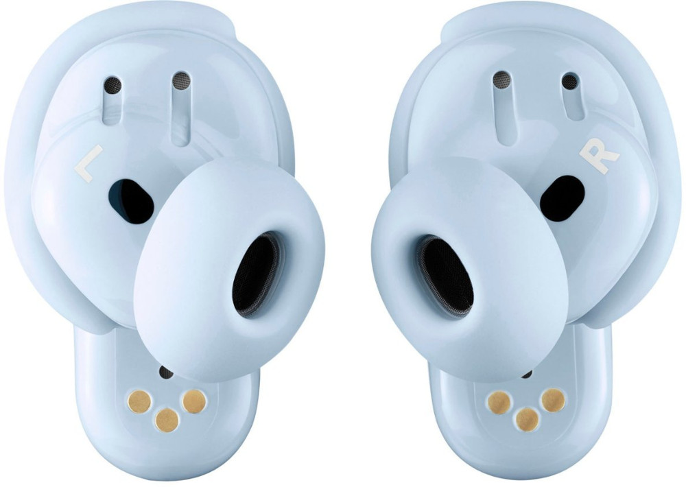 Two light blue earbuds. Each has a rounded shape and is labeled with an 'L' or 'R'.