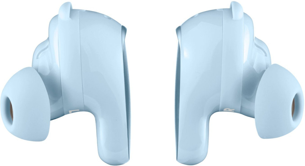 Two light blue wireless earbuds, each with a rounded shape, facing opposite directions.