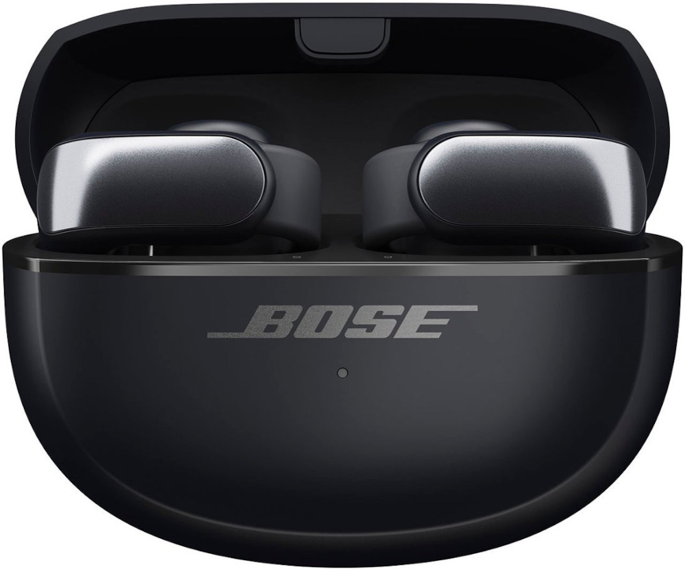 Black Bose charging case with two silver earbuds inside, Bose logo visible.