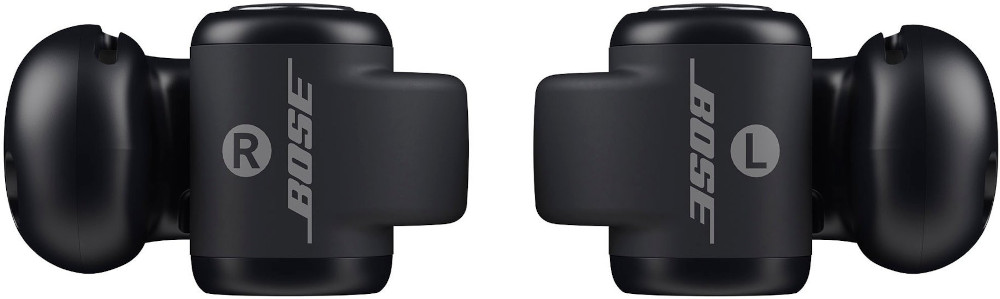 Black Bose earbuds, 'R' and 'L' marked, angled view.
