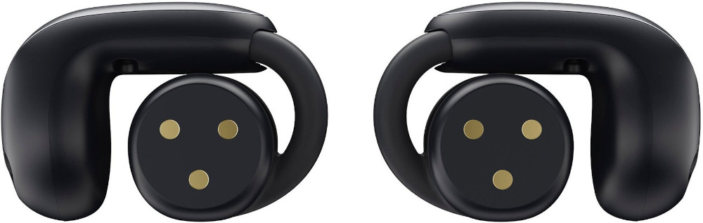 Pair of black earbuds. Each earbud has a rounded design with a gold accent.