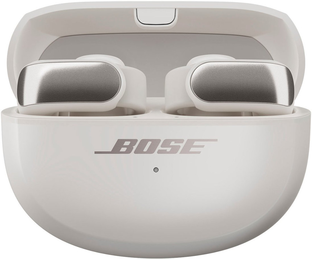 White Bose earbuds charging case. The case is open, revealing the earbuds inside and the Bose logo.