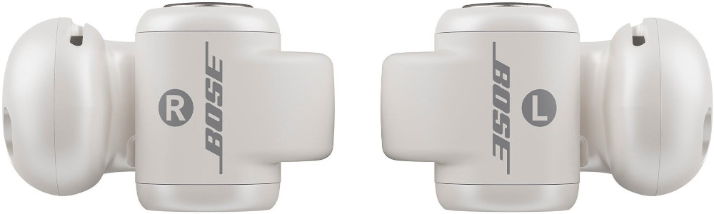 Two white Bose earbuds, labeled 'R' and 'L' with the Bose logo on the side.