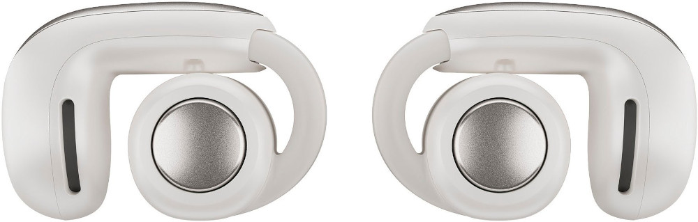 A pair of white wireless sport earbuds.