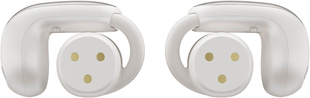 Two white earbud headphones, side view. Each has a hook for the ear and a circular speaker section.