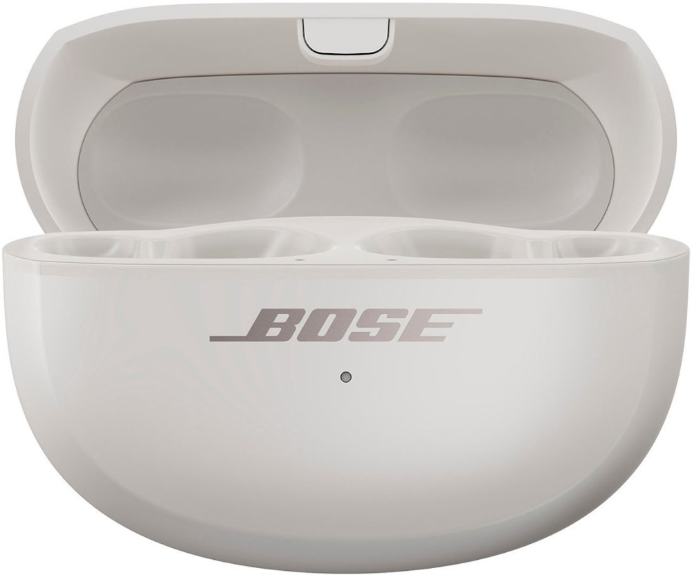 Open white Bose earbuds charging case, with the brand's logo visible on the lid.
