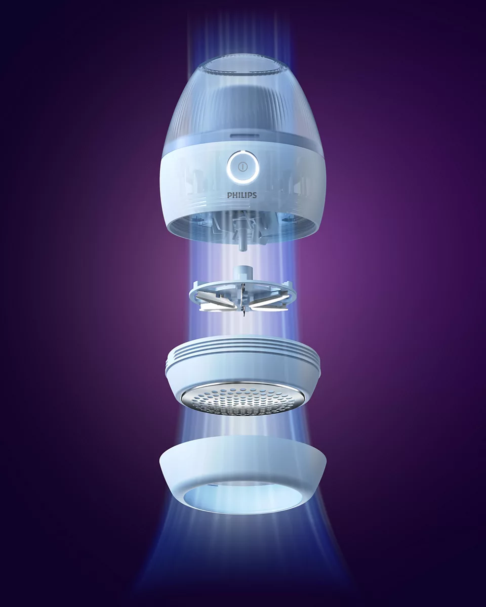 Vue éclatée d'un rasoir Philips avec des pièces séparées.