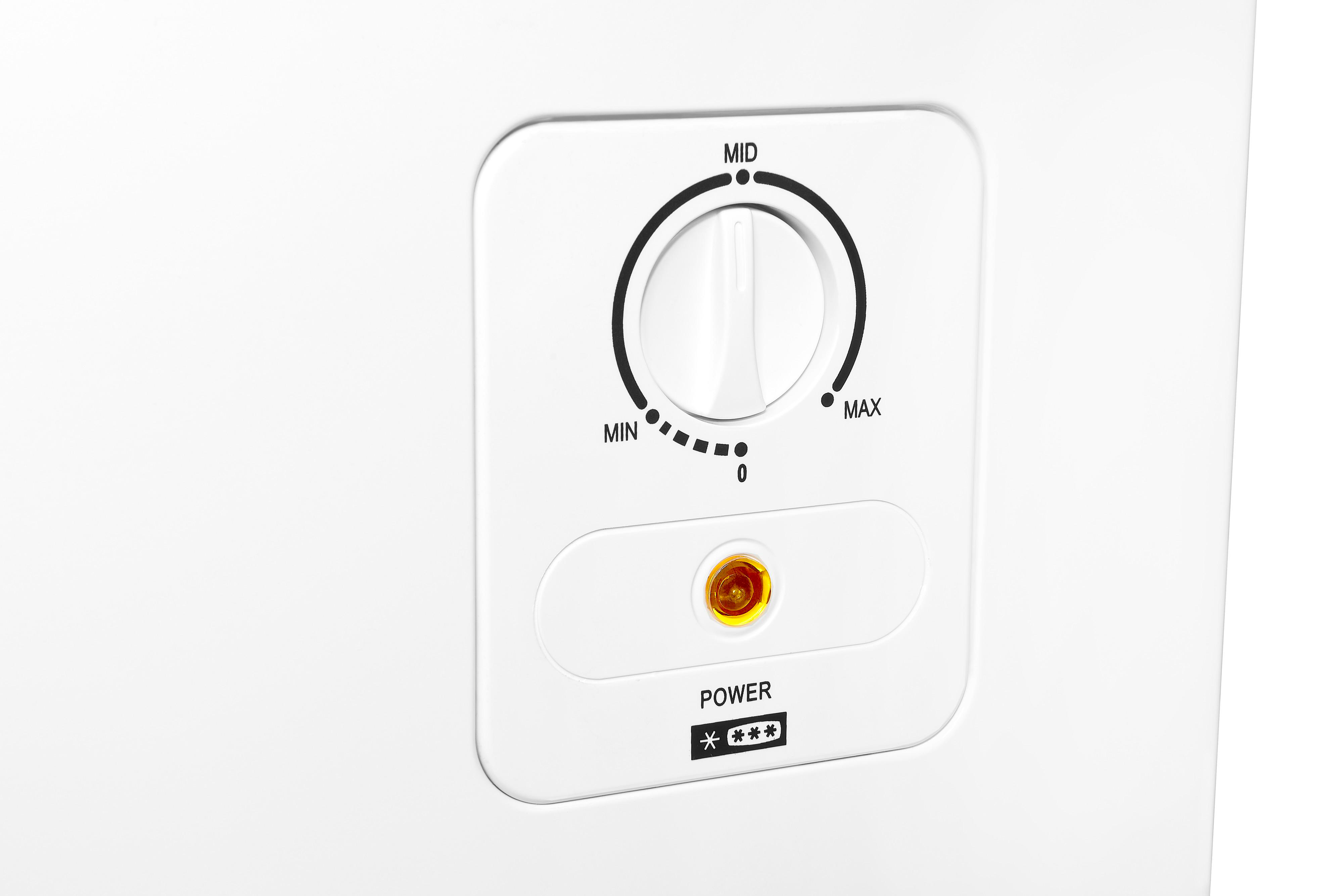 Weißes Gefrierschrank-Bedienfeld mit Drehknopf, Ein/Aus-Taste und Temperaturanzeige.