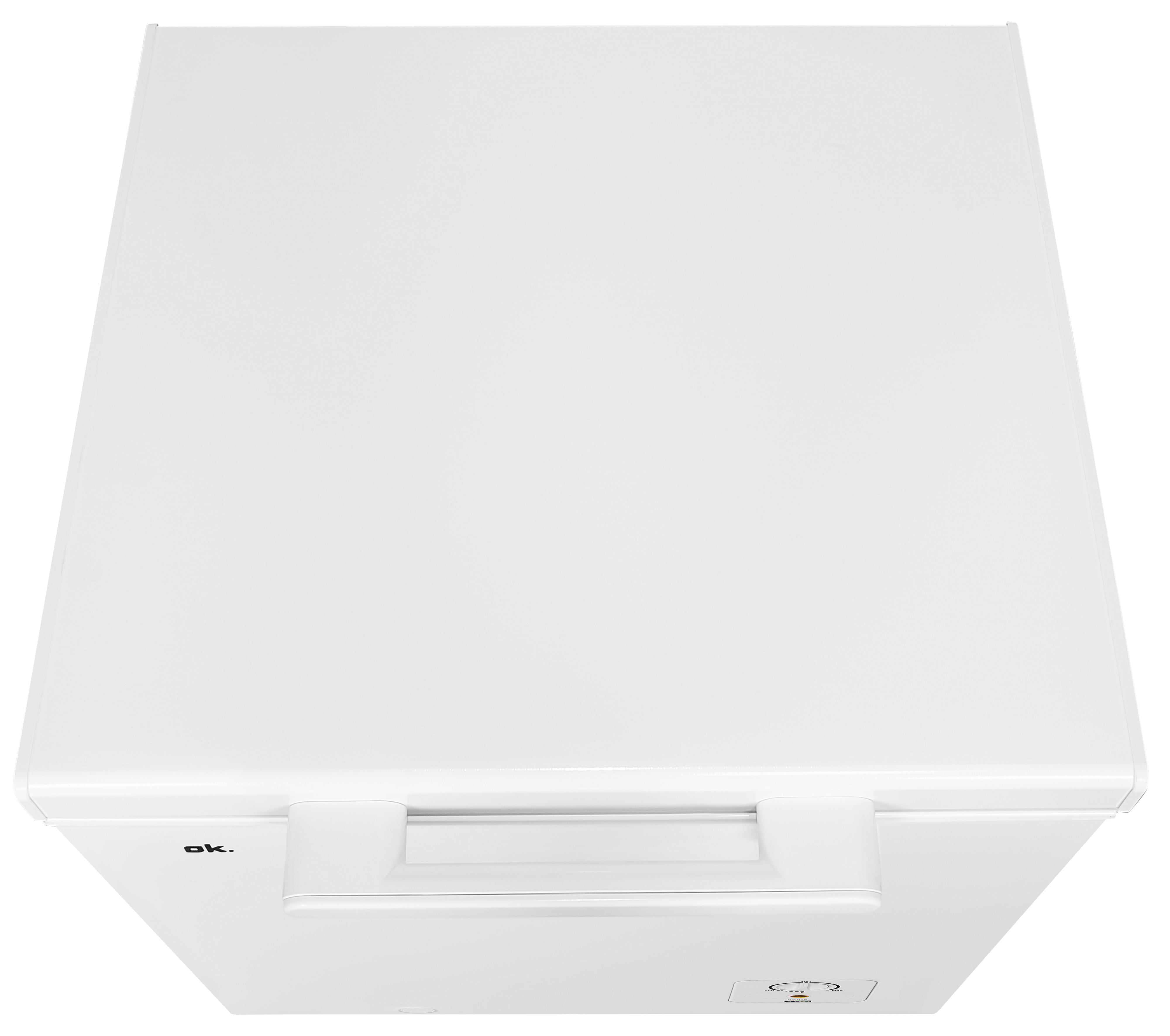 Weißer Truhen-Gefrierschrank mit Griff und Temperaturreglern.