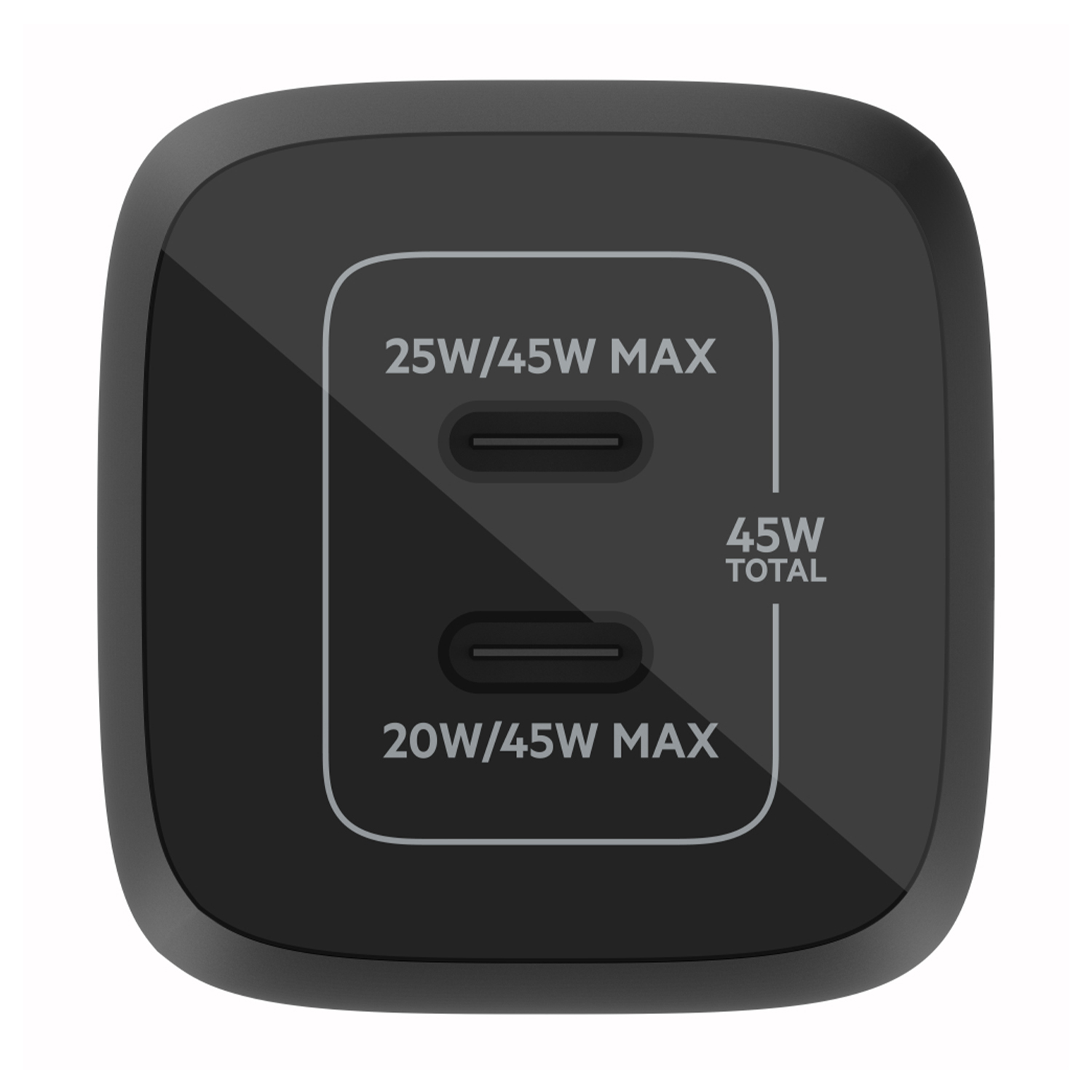 Un adattatore di alimentazione nero con due porte USB-C. Ha un testo che indica 25W/45W MAX e 20W/45W MAX.
