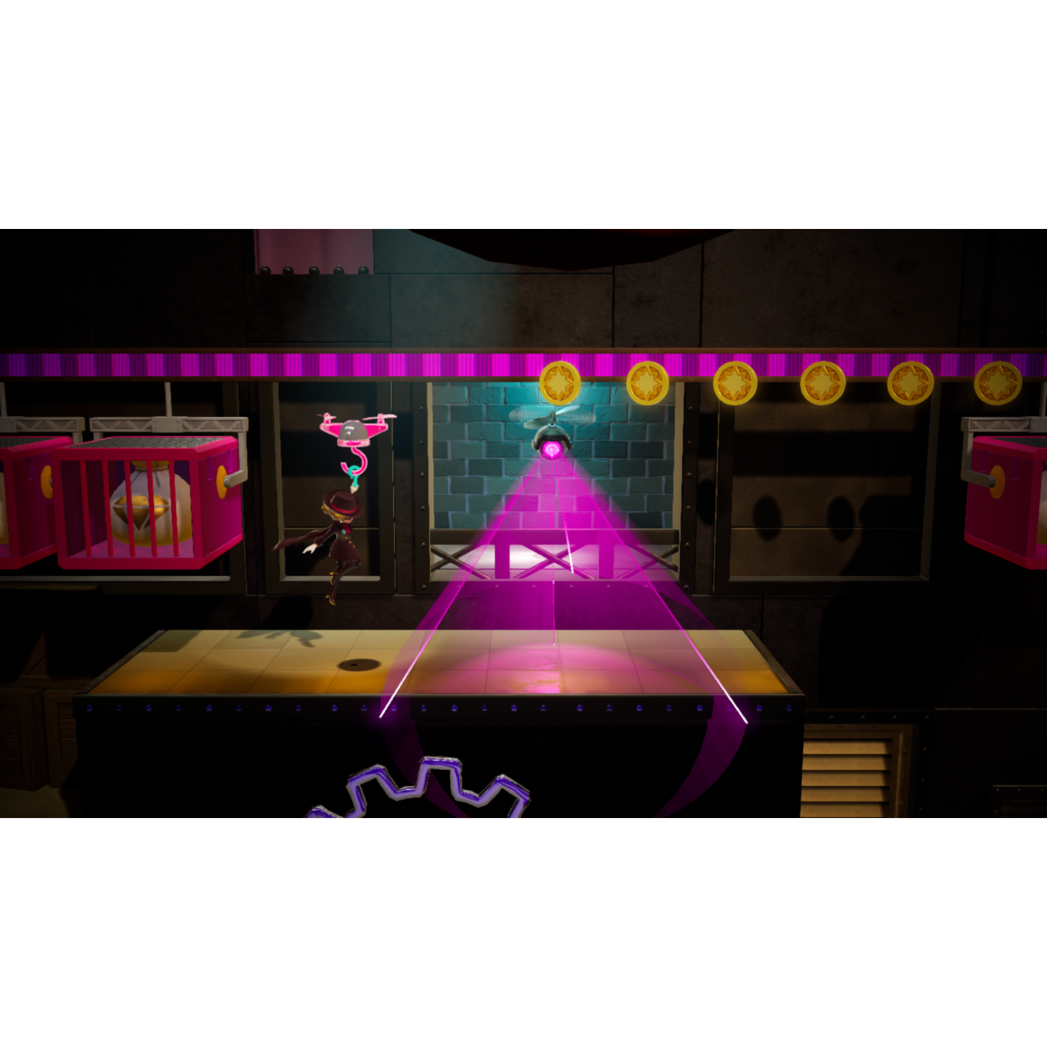 Een platformspelscène met een personage, een roze kooi, gouden munten en neonverlichting.