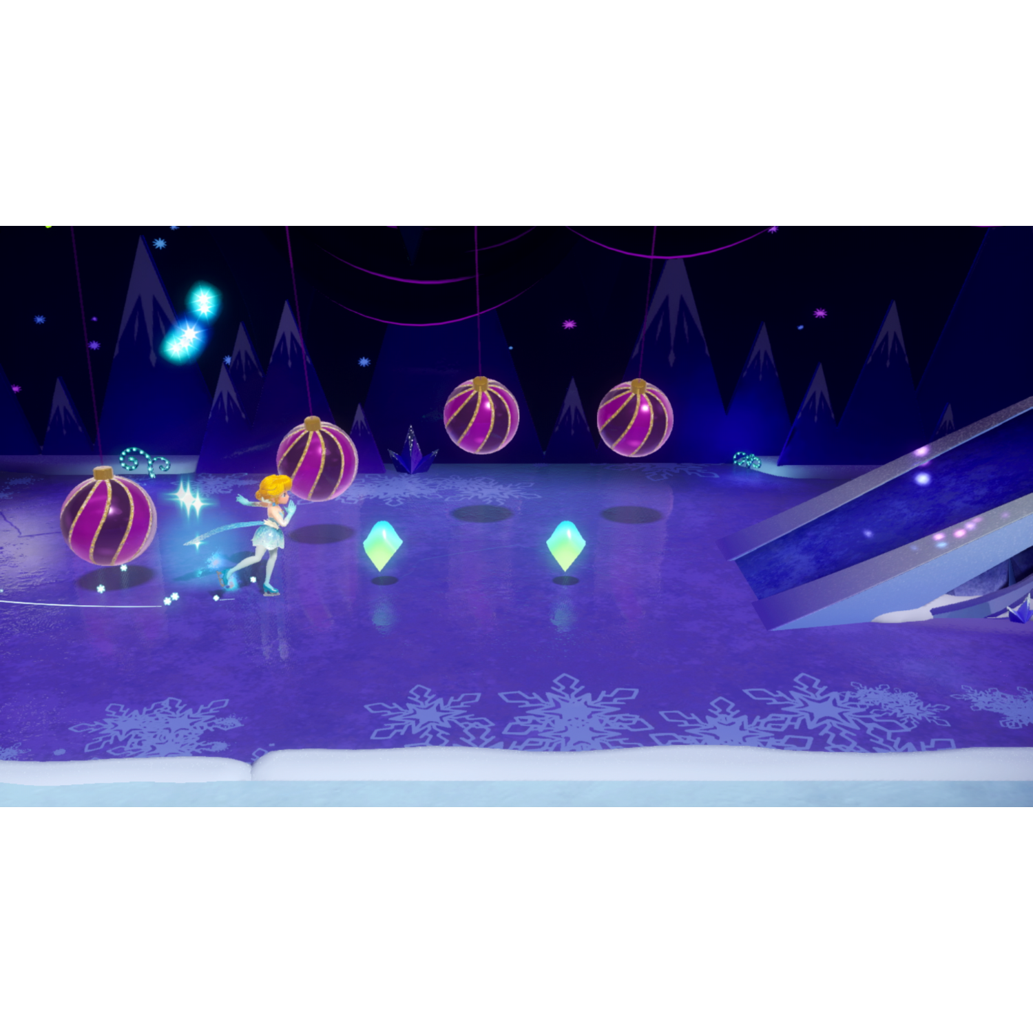 Een tekenfilmfiguur rent op een paars oppervlak in de buurt van ornamenten en bergen.