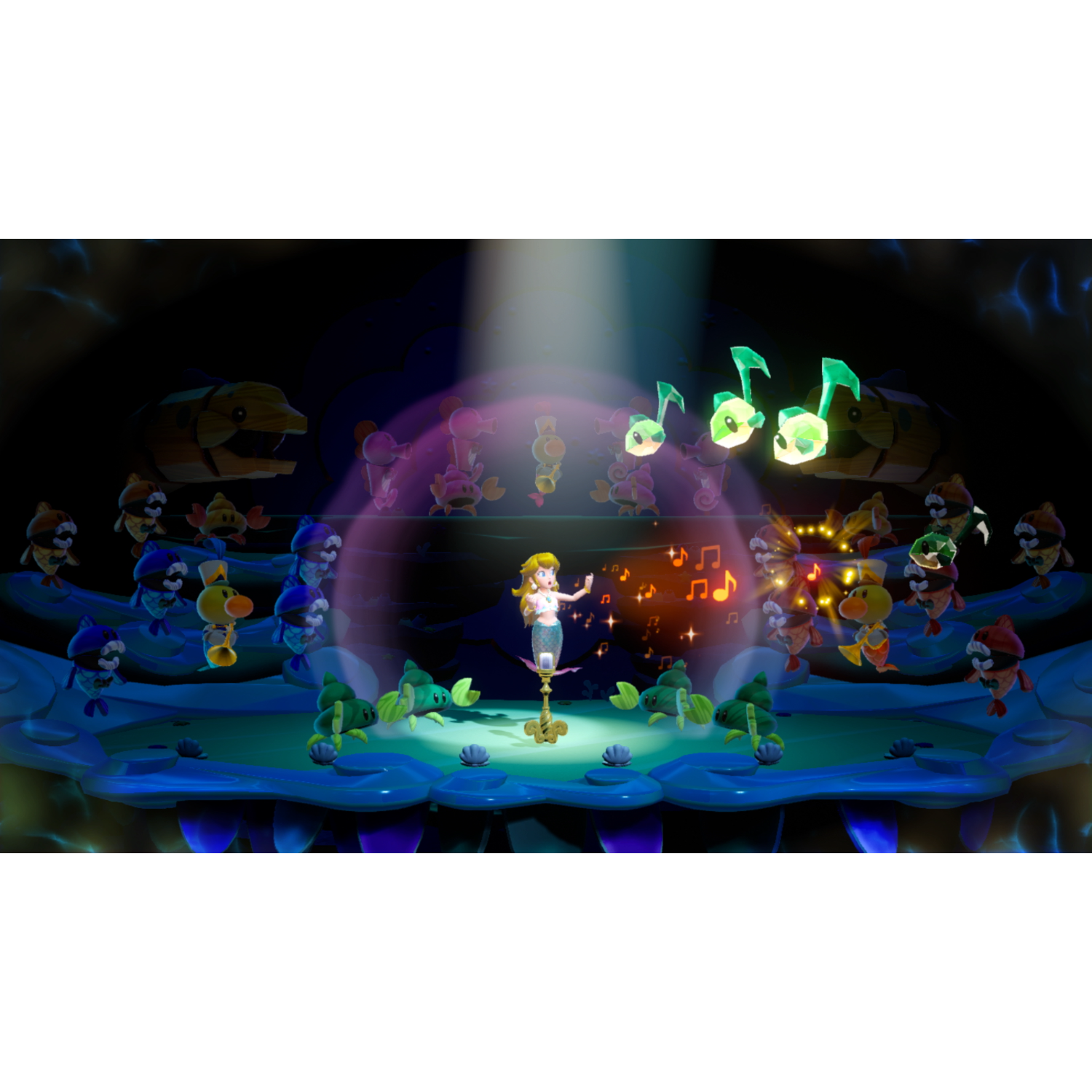 Geanimeerde onderwater scène. Een vrouw zingt op een podium, omringd door muzikale vissen en noten.