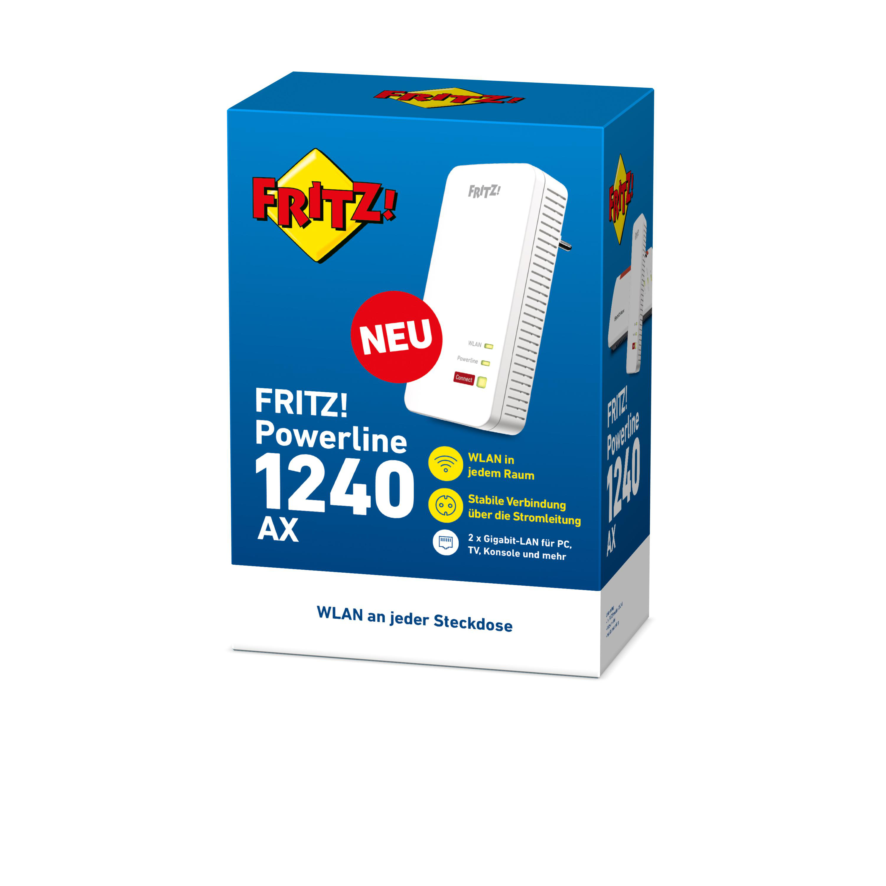 Eine weiß-blaue Box für einen FRITZ! Powerline 1240 AX-Adapter, mit sichtbarem Adapter. Text darauf.