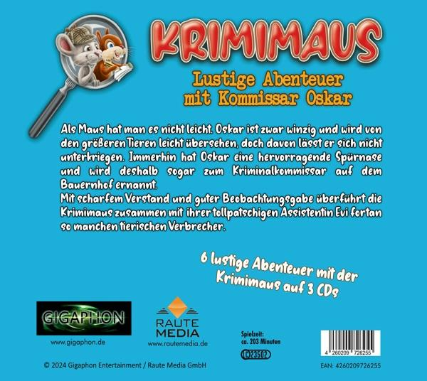 CD-Cover mit einer Cartoon-Maus, die eine Lupe und ein Eichhörnchen hält. Titel: Krimimaus.