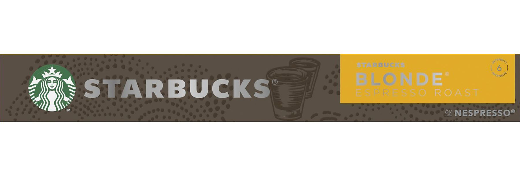 Starbucks kávékapszula doboz. Márkalogó, kávéscsészék és Blonde Espresso Roast szöveg.