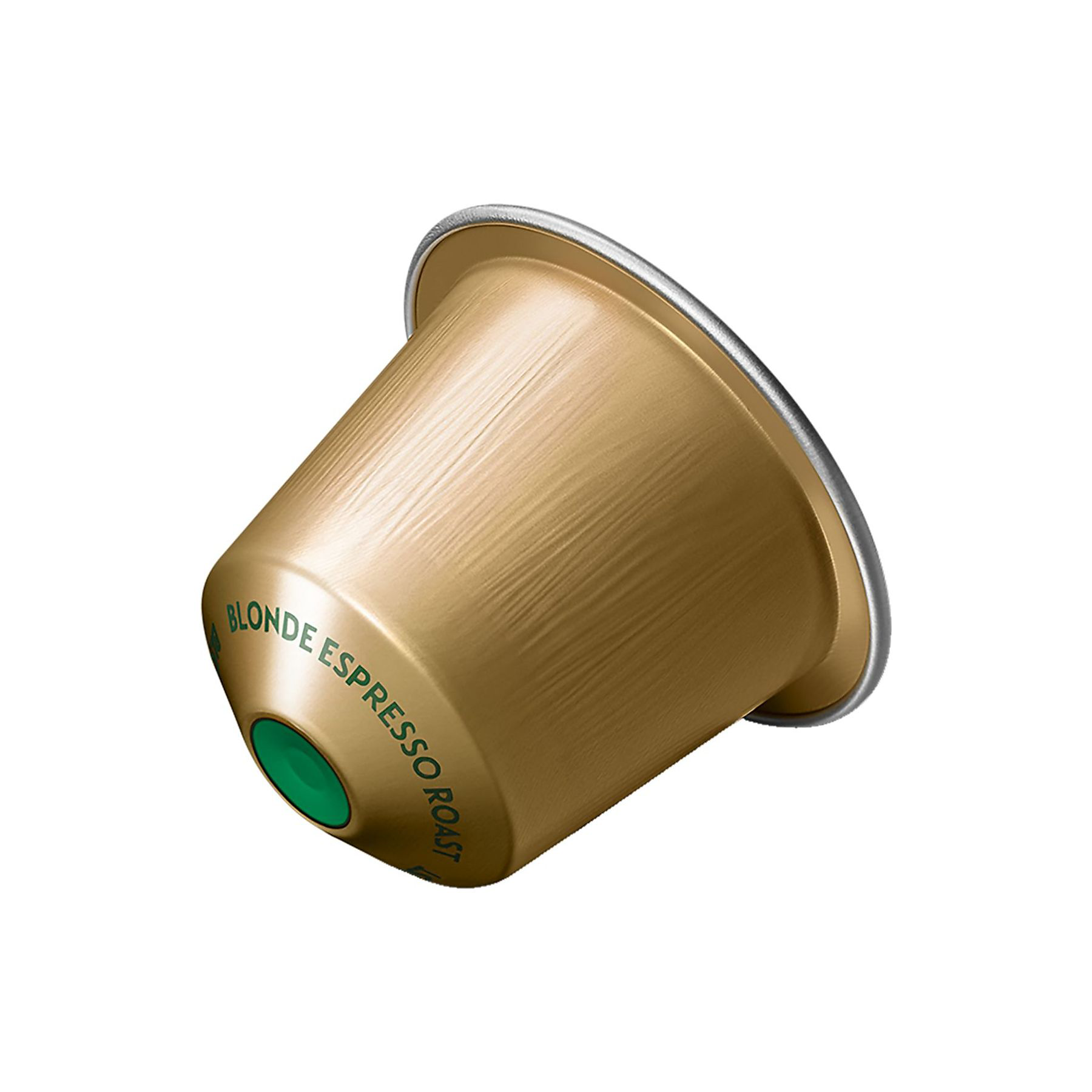 Arany Nespresso kávékapszula zöld véggel, fehér háttérrel.