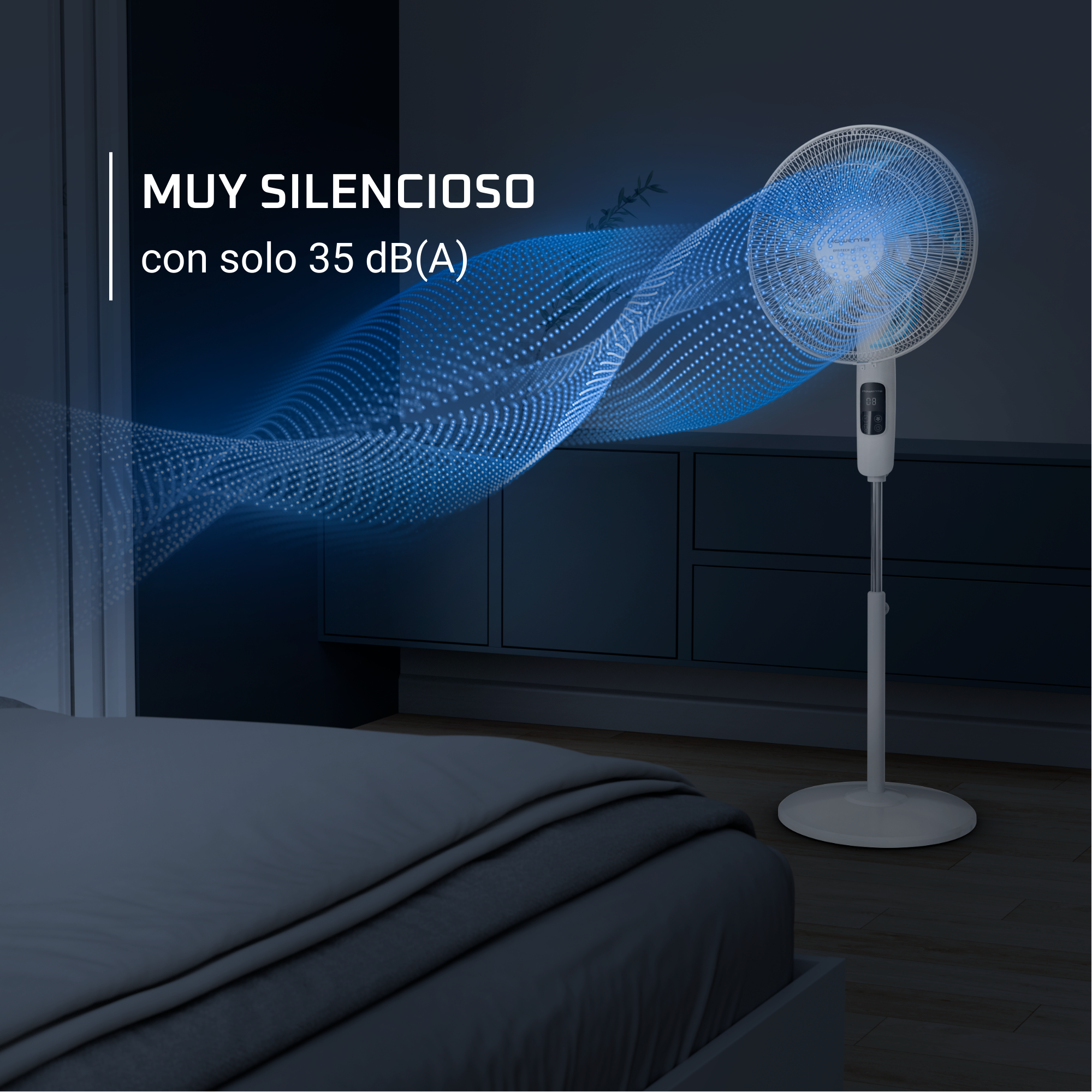 Ventilador blanco con líneas de flujo azules en un dormitorio.