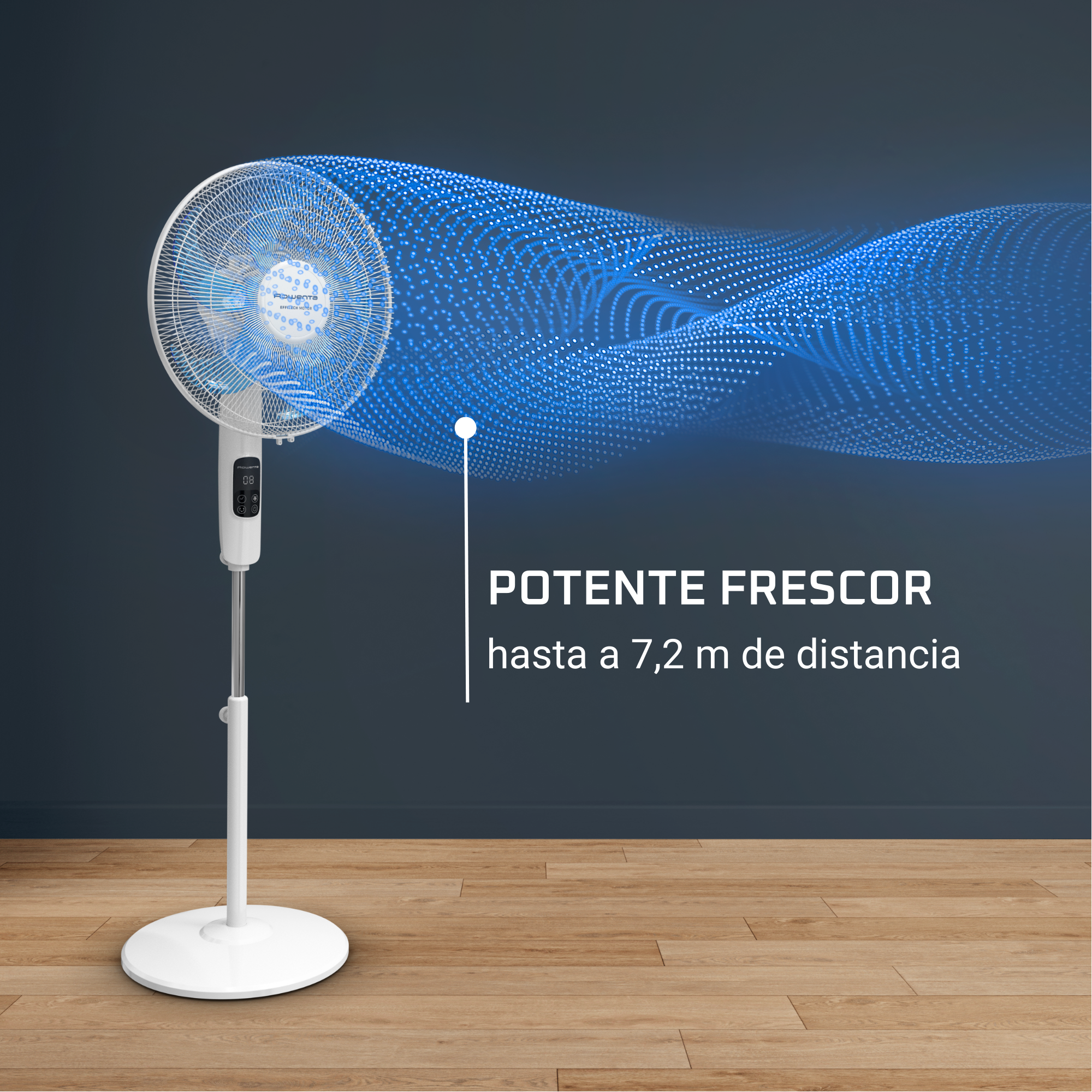 Ventilador de pie blanco con texto 'POTENTE FRESCOR' y distancia en metros.