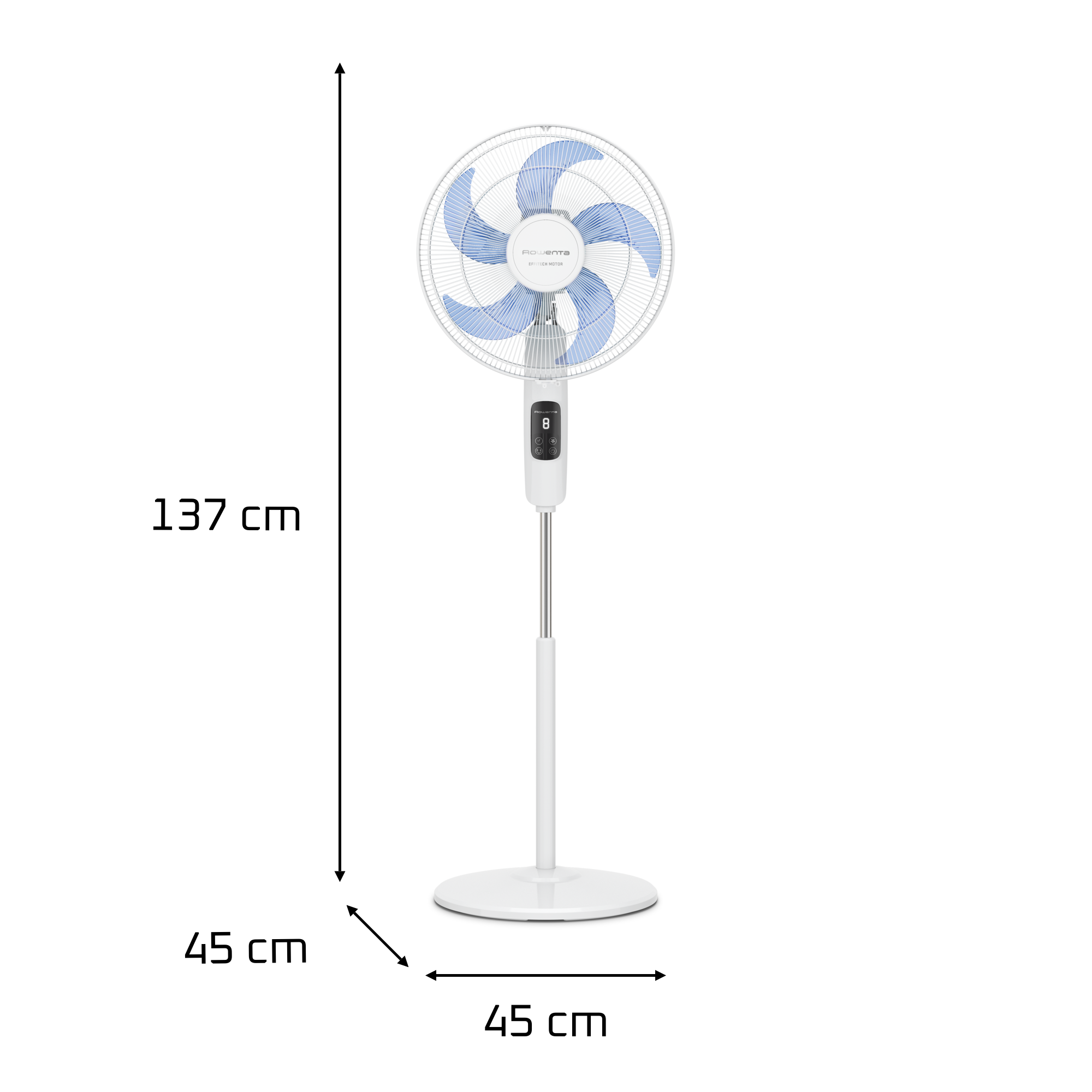 Ventilador blanco, dimensiones con medidas, fondo blanco.