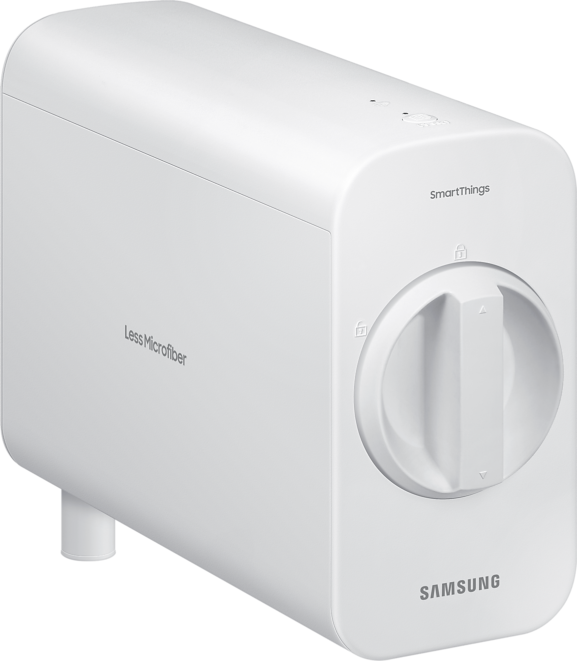 Weißes Samsung-Gerät. Zeigt die Etiketten SmartThings und Less Microfiber. Weißer Hintergrund.