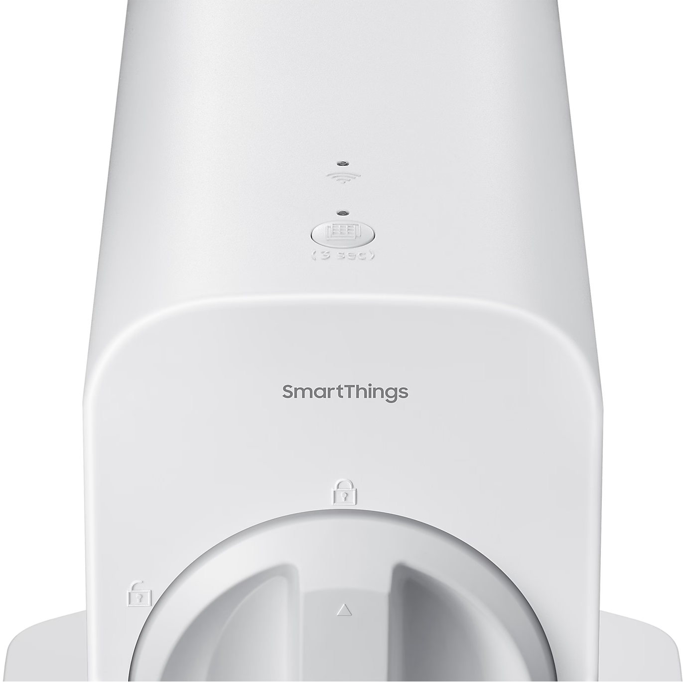 Weißes SmartThings-Gerät, mit Knöpfen und Logos, für Hausautomation, Nahaufnahme.