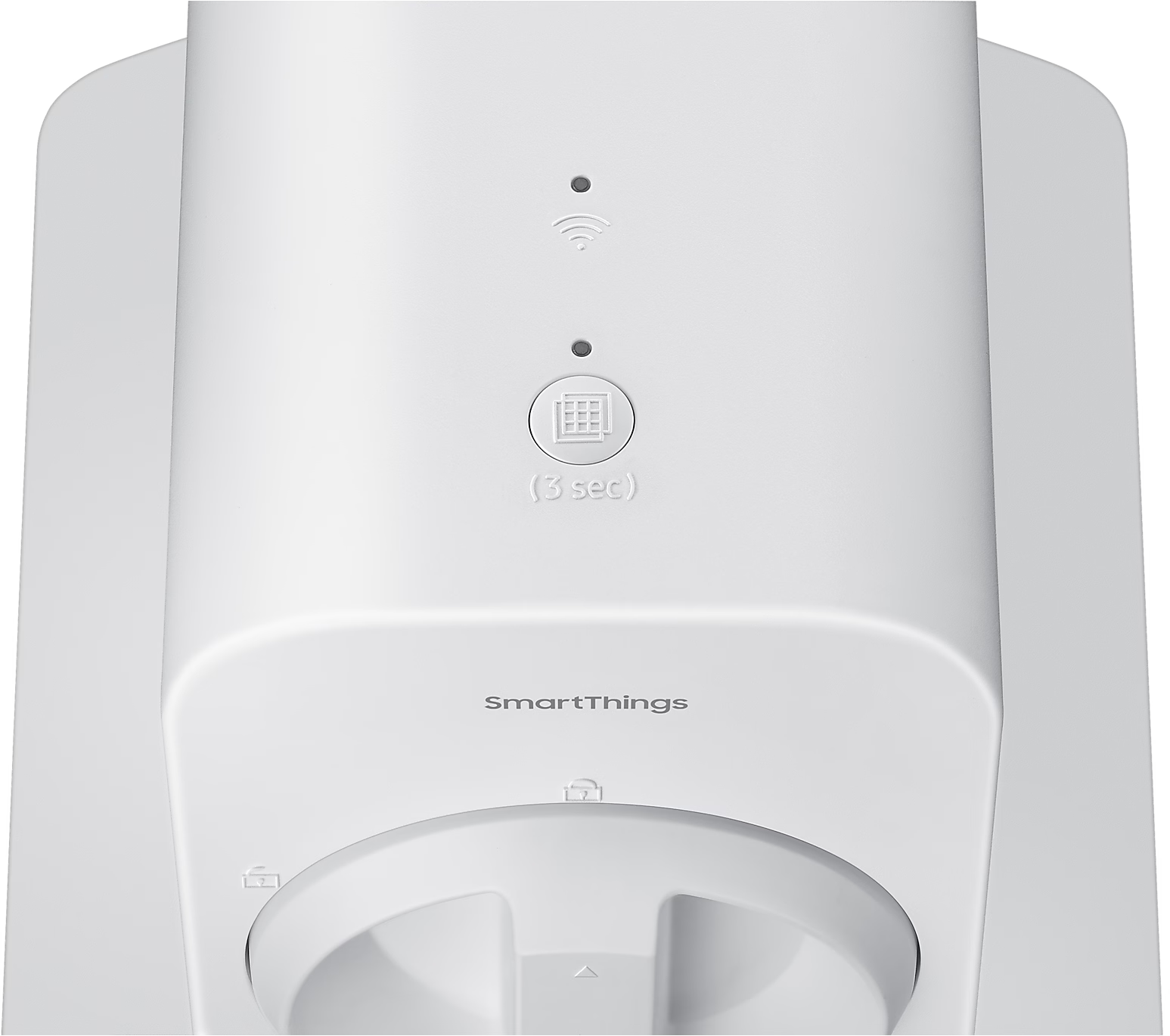 Weißes SmartThings-Gerät. Enthält eine Taste, ein Wi-Fi-Symbol und ein gitterartiges Muster. Text: SmartThings.