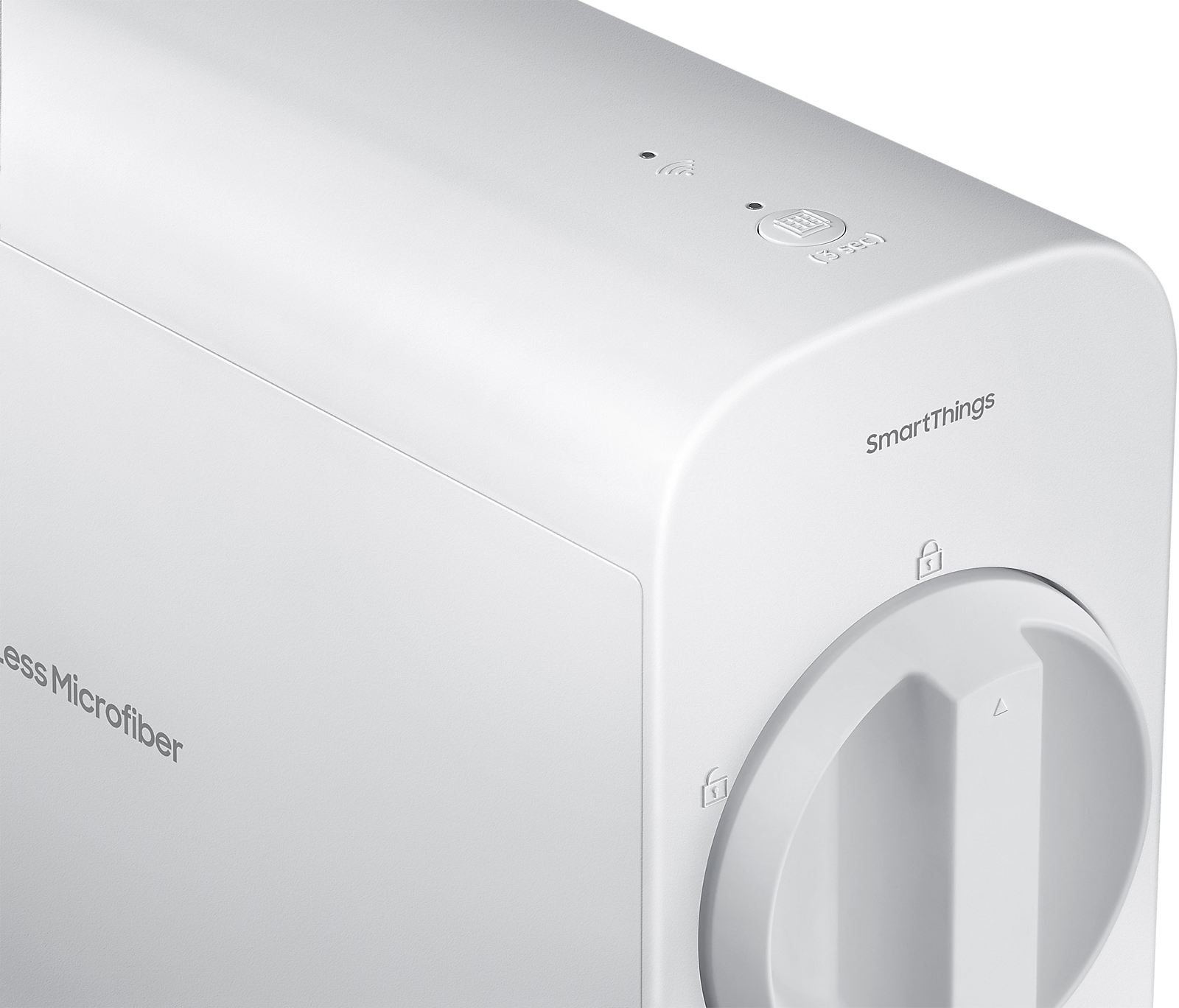 Weißes Gerät mit SmartThings-Logo, Nahaufnahme des oberen Teils.