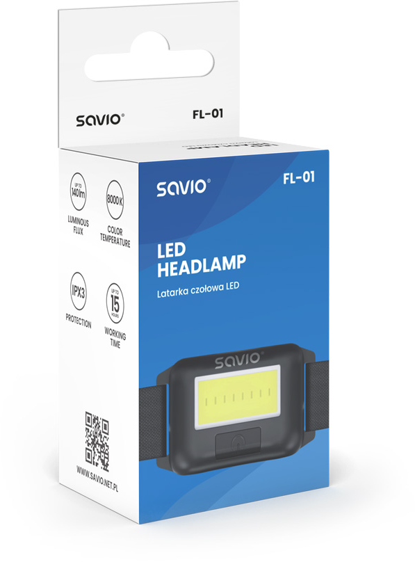Savio LED fejlámpa doboza, a fejlámpa képével és specifikációival, fehér háttér előtt.