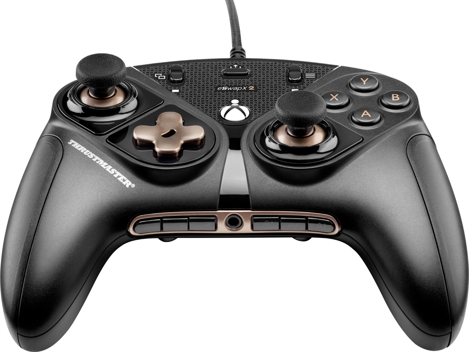 Schwarzer und goldener Thrustmaster eSwap X2-Controller. Zwei Joysticks, Knöpfe und ein Steuerkreuz sind sichtbar.