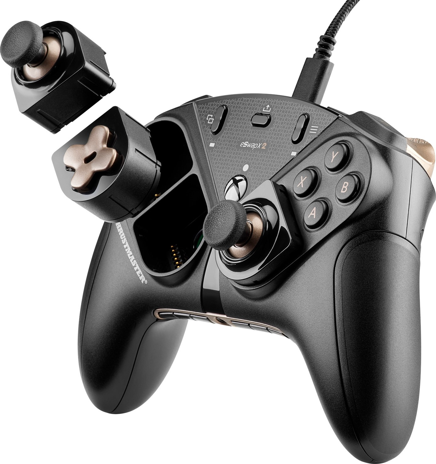 Schwarzer Controller mit abnehmbaren Modulen. Goldakzente, schwarze Knöpfe, Xbox-Branding.