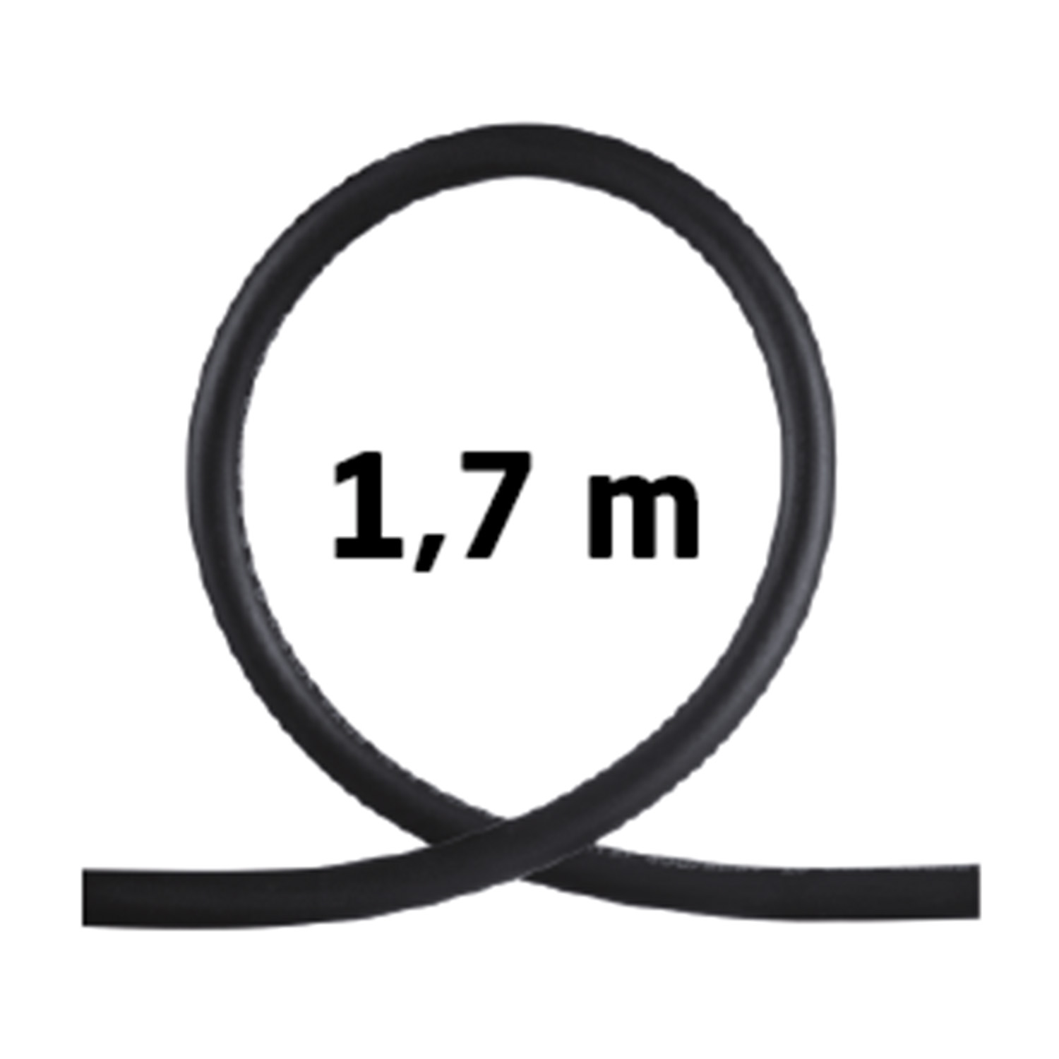 Un tubo di gomma nero è arrotolato a cerchio. Al centro, il testo '1,7 m'.