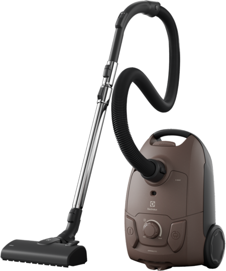 Barna Electrolux porszívó fekete tömlővel és fémcsővel.