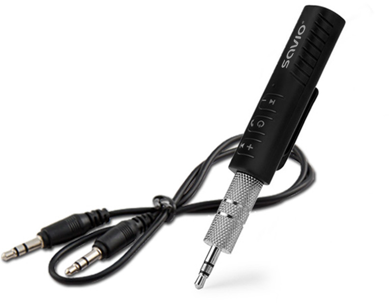 Fekete Savio Bluetooth adapter két audio csatlakozóval.