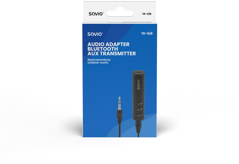 Bluetooth aux adapter doboz a termékkel és egy kábellel, jack csatlakozóval.