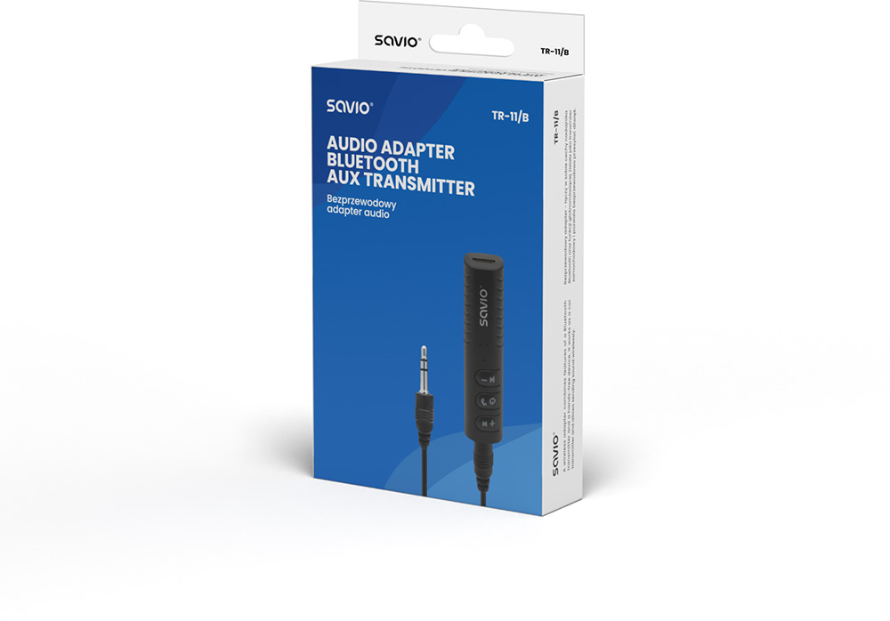 Savio TR-11/B audio adapter doboza. Fekete adapter és kábel látható.