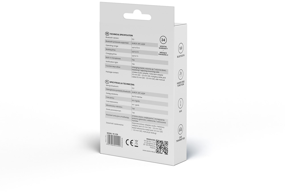 Egy fehér doboz termékspecifikációkkal és QR-kóddal. A csomagolás fehér.