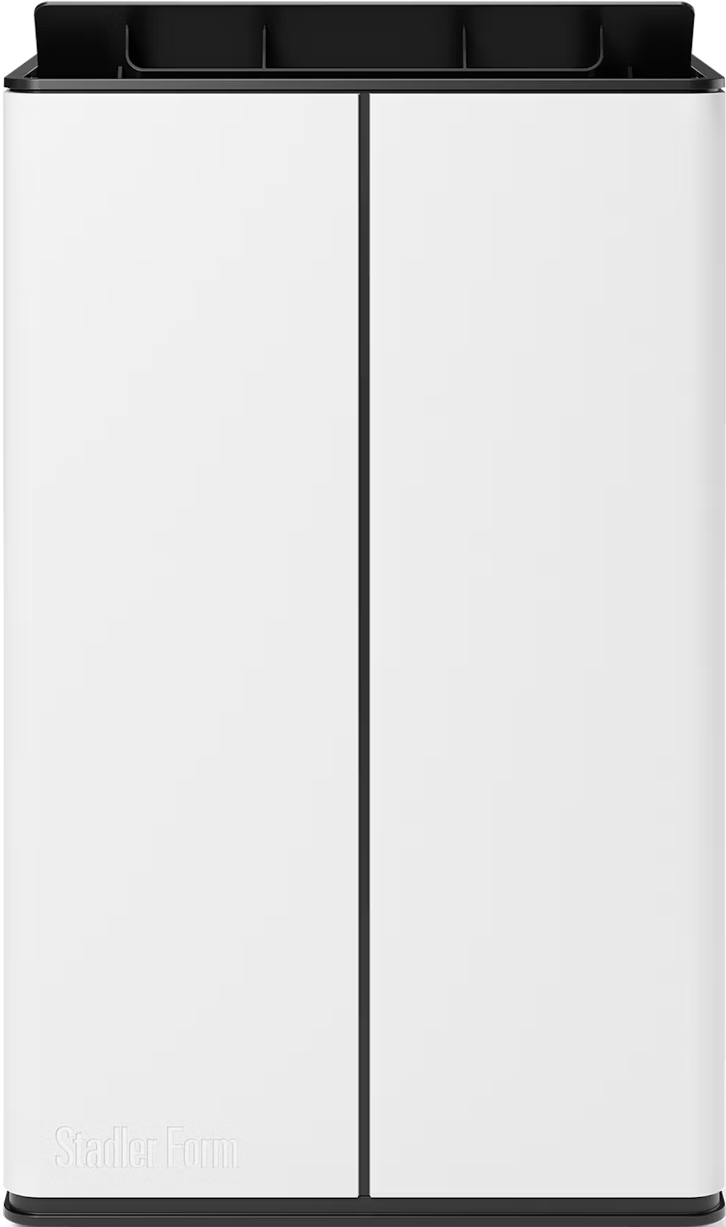 Purificatore d'aria bianco, logo Stadler Form, design elegante, sopra e sotto neri.