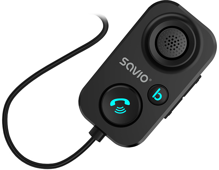 Fekete Savio Bluetooth autós készlet, telefon és bluetooth gombbal.