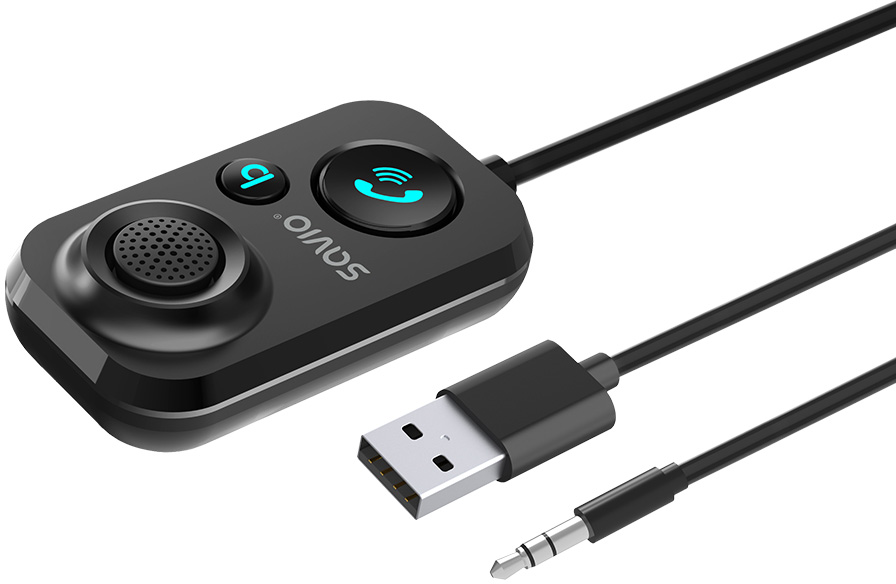 Fekete Bluetooth autós készlet, mikrofon és USB kábel.
