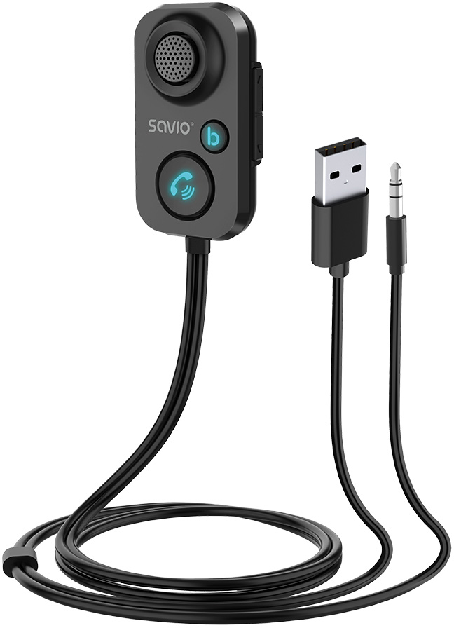 Fekete Savio Bluetooth-eszköz USB- és aux-kábellel. Mikrofonnal és hívás gombbal rendelkezik.