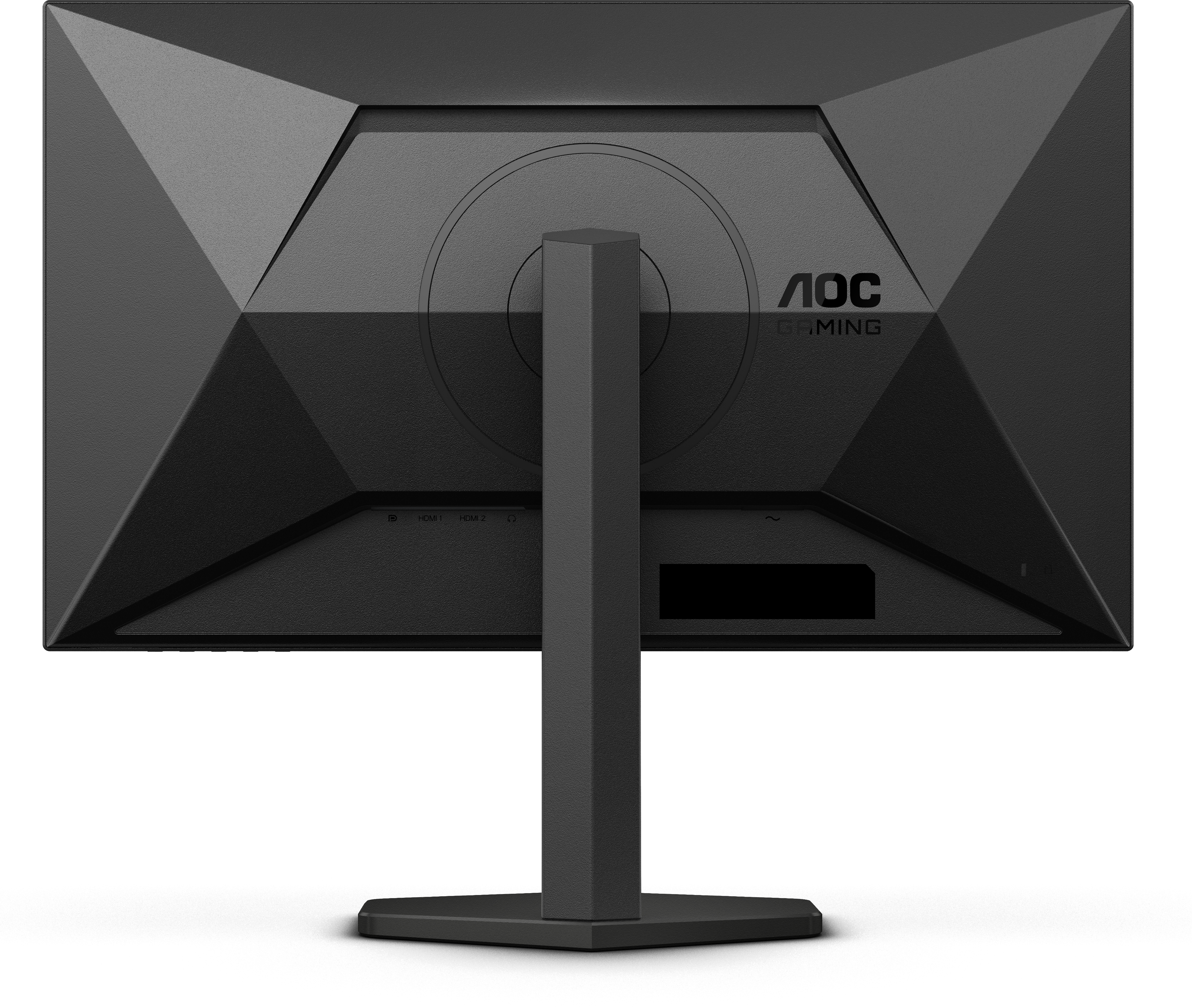 Rückansicht eines schwarzen AOC-Gaming-Monitors mit Ständer und Anschlüssen auf dunkler Oberfläche.