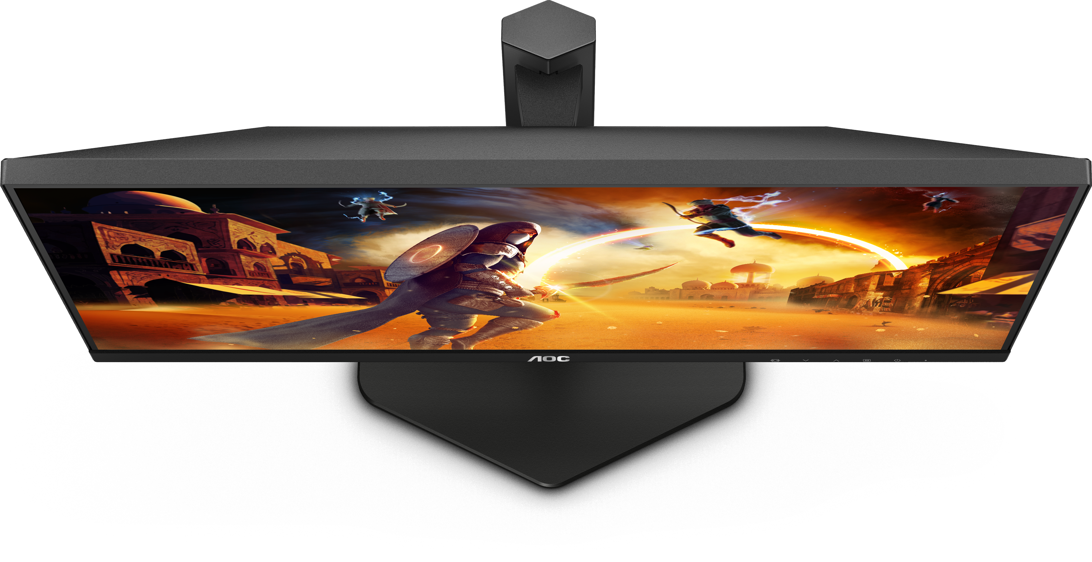 Draufsicht auf einen Monitor, der eine Kampfszene zeigt.