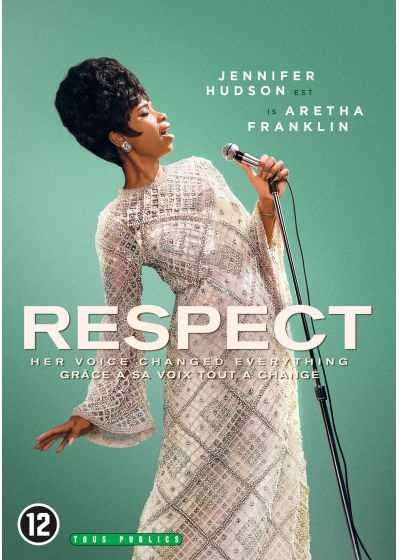 Affiche de film : Jennifer Hudson en Aretha Franklin, micro, texte, fond vert.